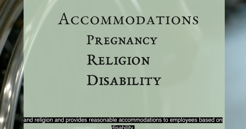 Wheelchair. Text reads, "Accommodations..Pregnancy, Religion, Disability"